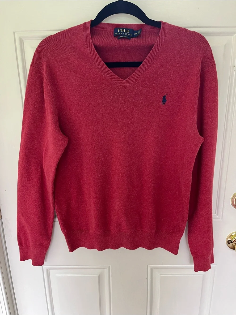 Polo Ralph Lauren Men's Med V-Neck Sweater Deep Red with Navy Logo Pima Cotton